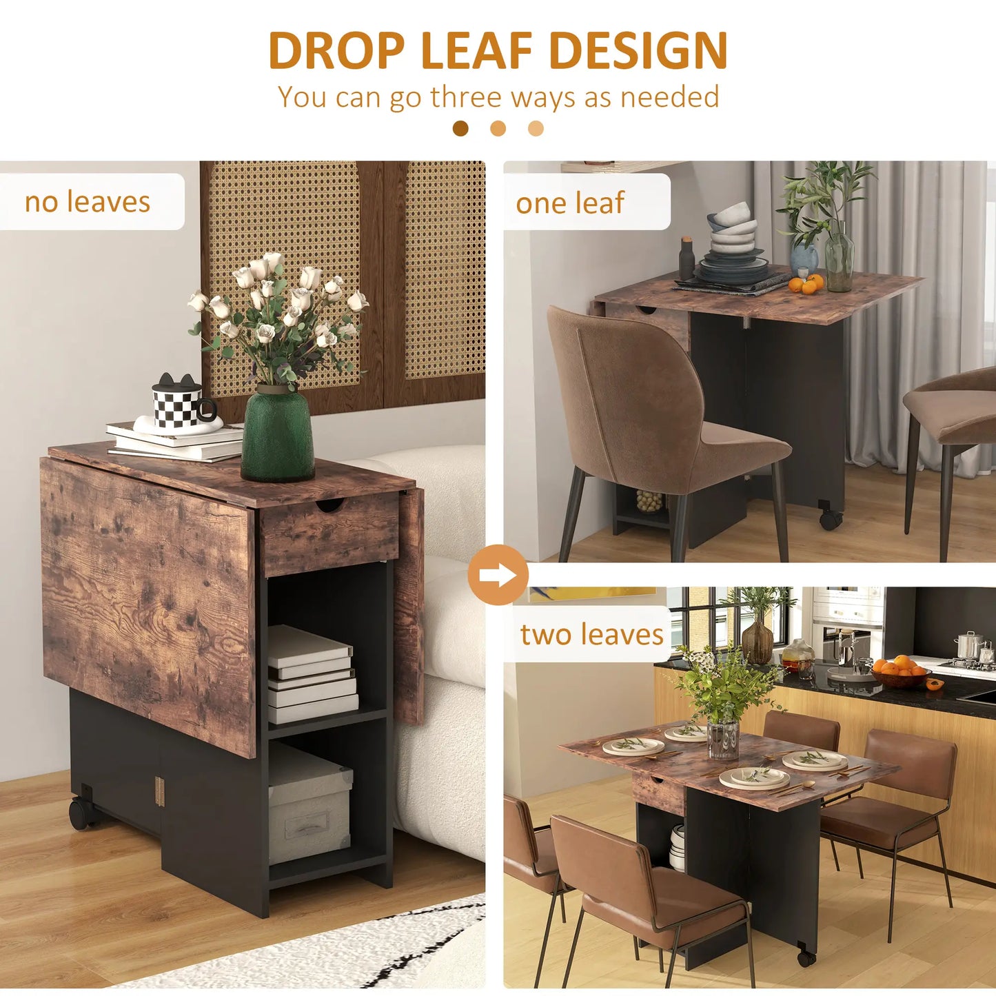 Barretti Wooden Rustic Brown Folding Drop Leaf Dining Table With Drawer And Storage Shelves