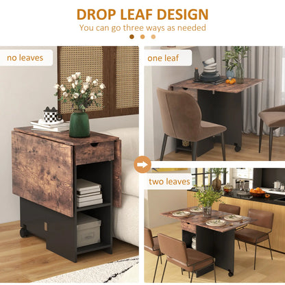 Barretti Wooden Rustic Brown Folding Drop Leaf Dining Table With Drawer And Storage Shelves