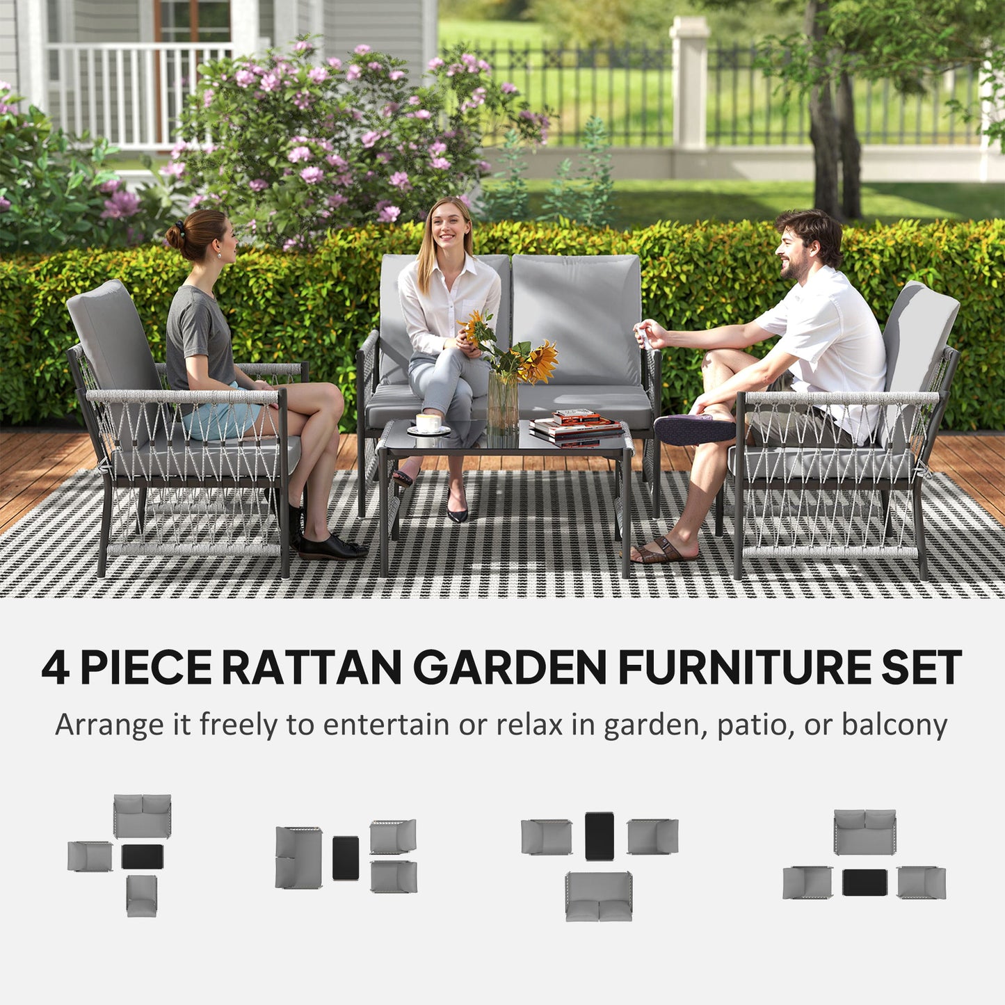 Zike Rattan Grey 4 Seater Outdoor Sofa Conversation Set With Glass Coffee Table