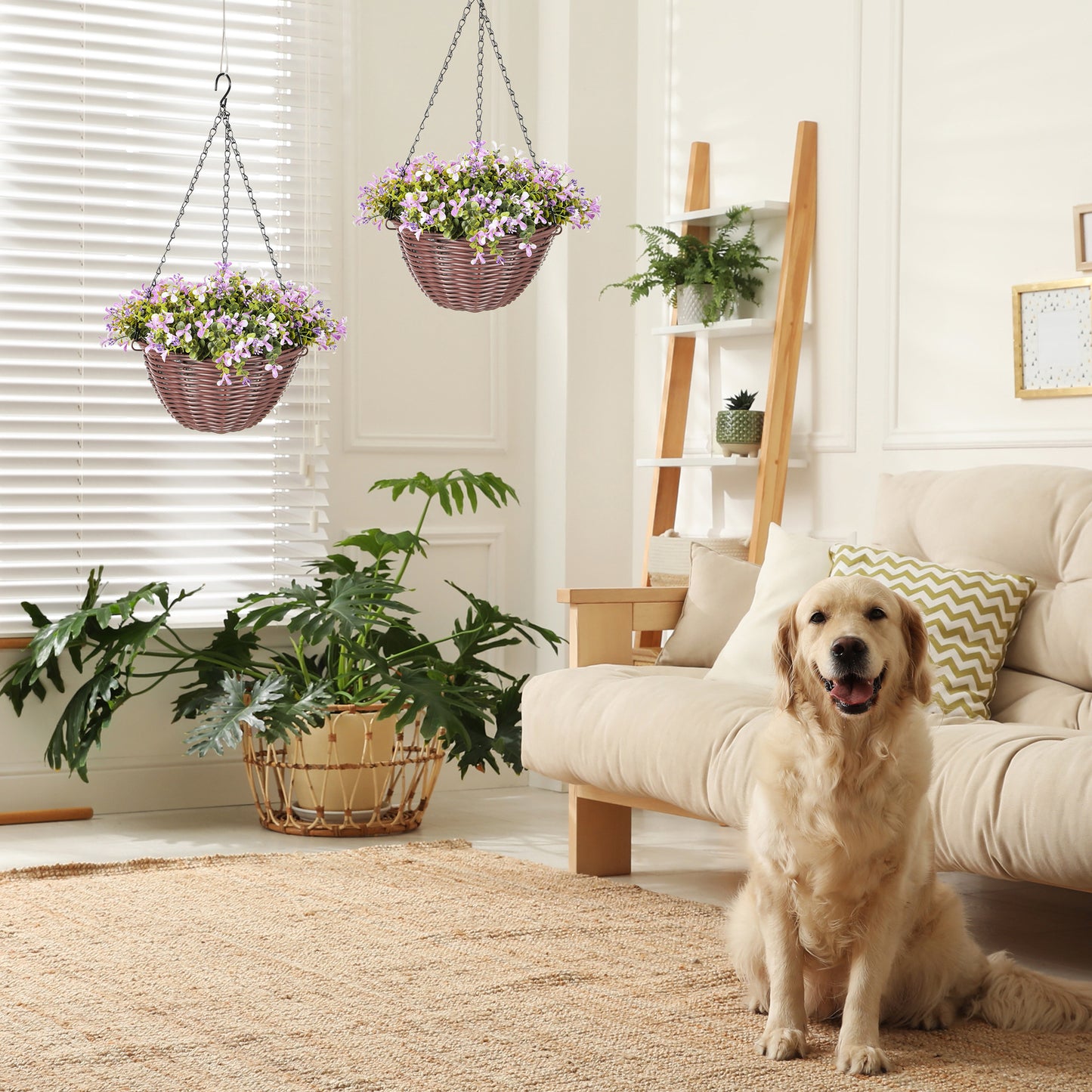 Fito Set Of 2 Hanging Artificial Flower Baskets With Mixed Leaves And Blooms For Indoor Display