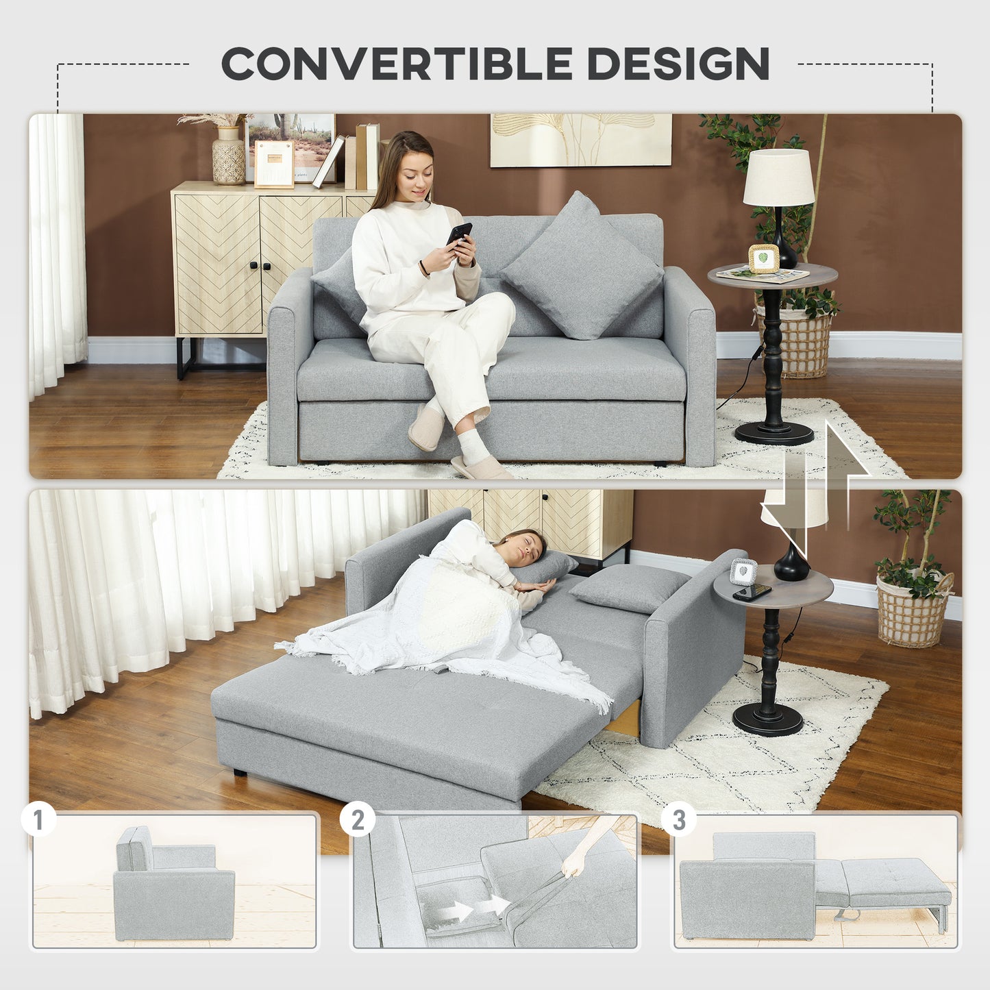 Tasa Fabric Light Grey 2 Seater Pull Out Sofa Bed With Storage And Cushions