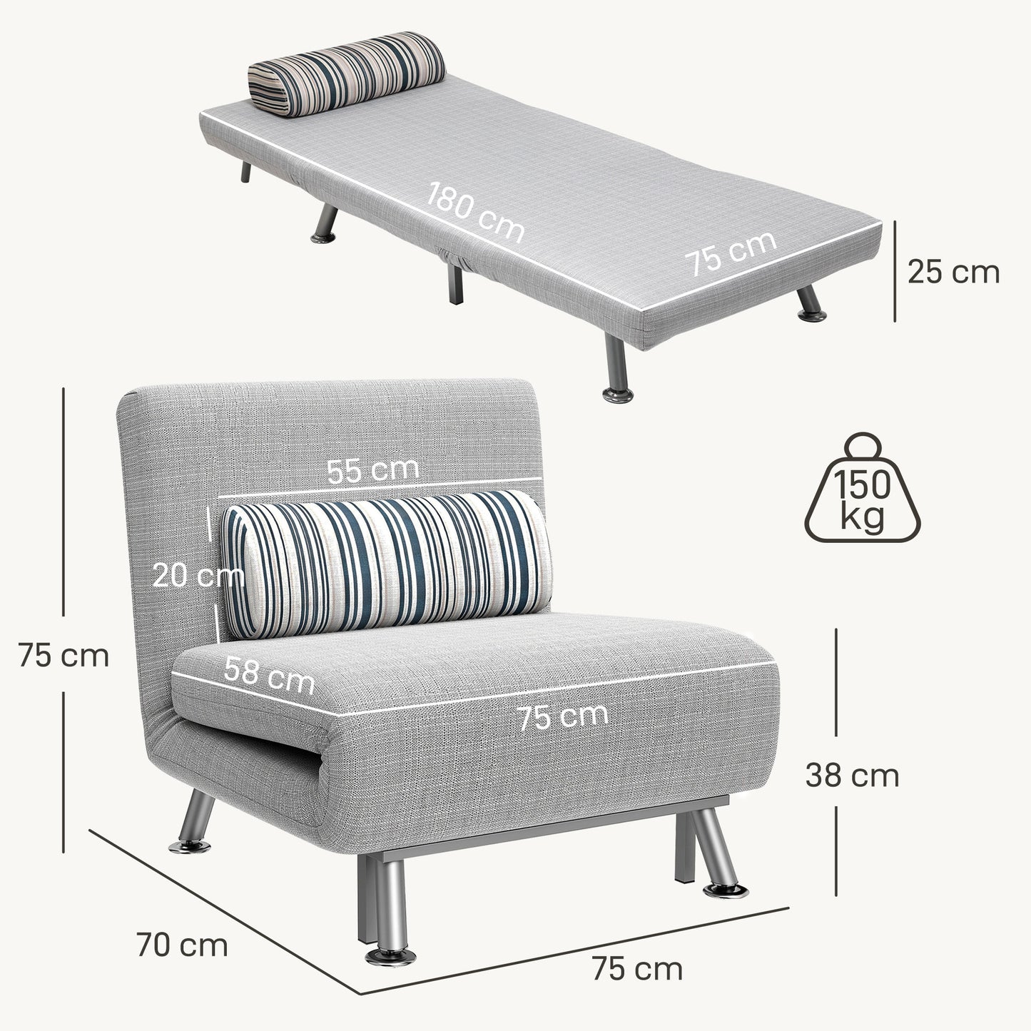Coyo Kere Fabric Light Grey Single Sofa Bed With Fold Out SleeFauxr Design And Pillow