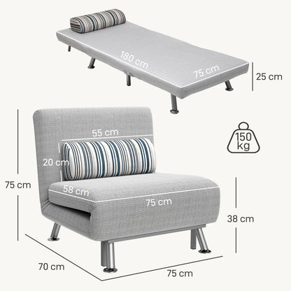 Coyo Kere Fabric Light Grey Single Sofa Bed With Fold Out SleeFauxr Design And Pillow
