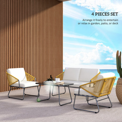 Lupano Natural Rattan Rope White Cushions 4 Seater Outdoor Sofa Set with Square Table