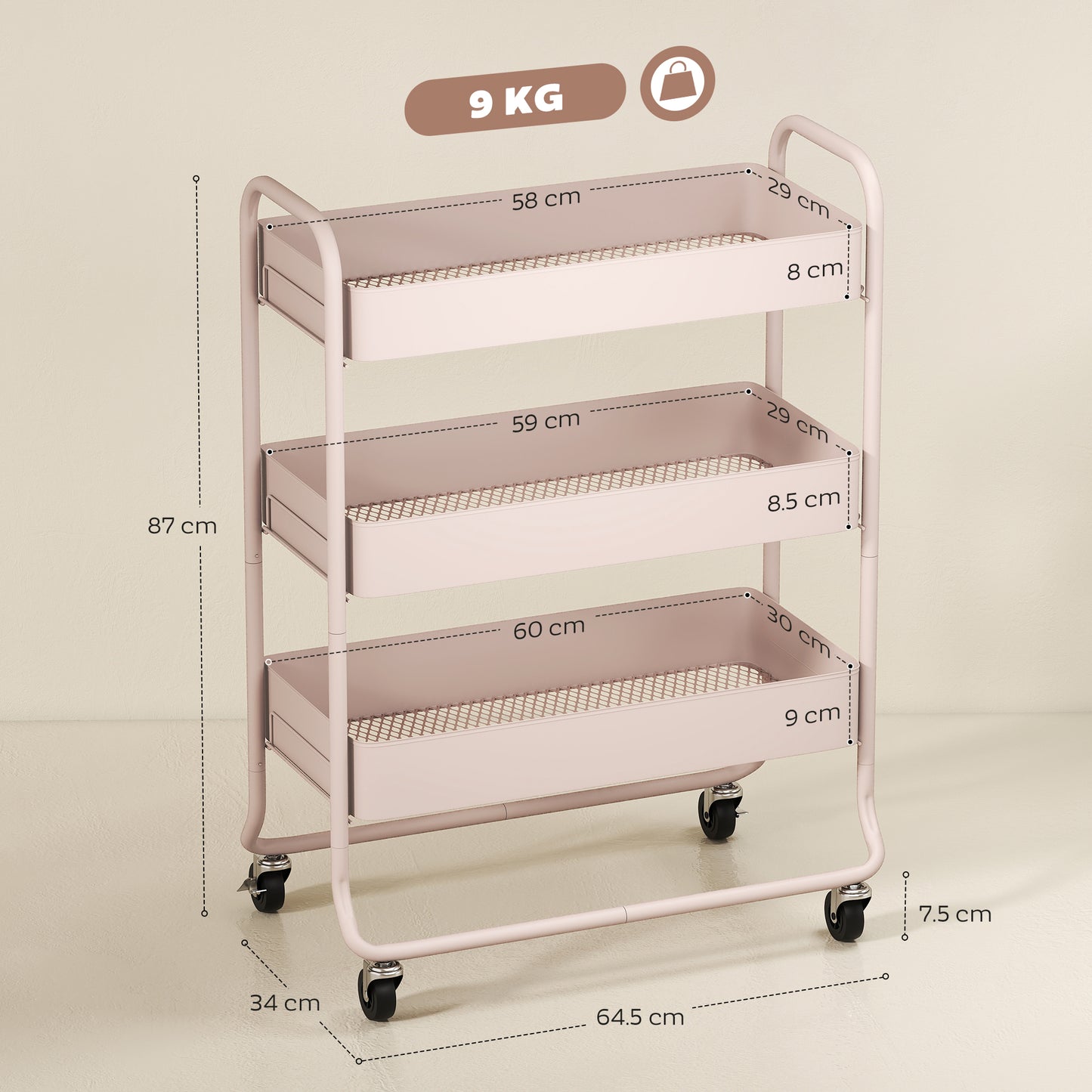 Noluli Doha Metal Light Pink 3 Tier Rolling Utility Trolley With Mesh Baskets