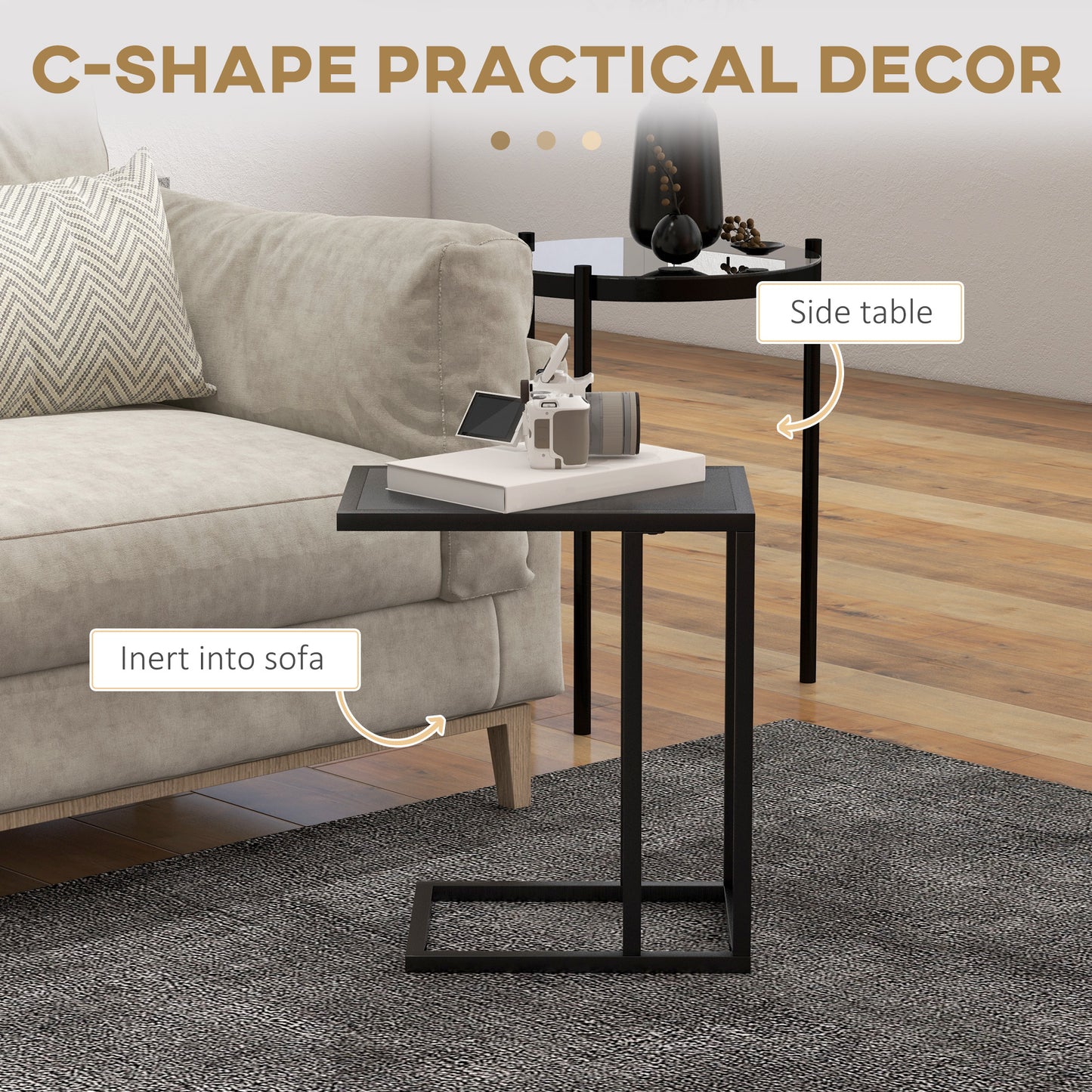 Sariso Metal And Wooden Black C Shaped Side Table With Wood Effect Top