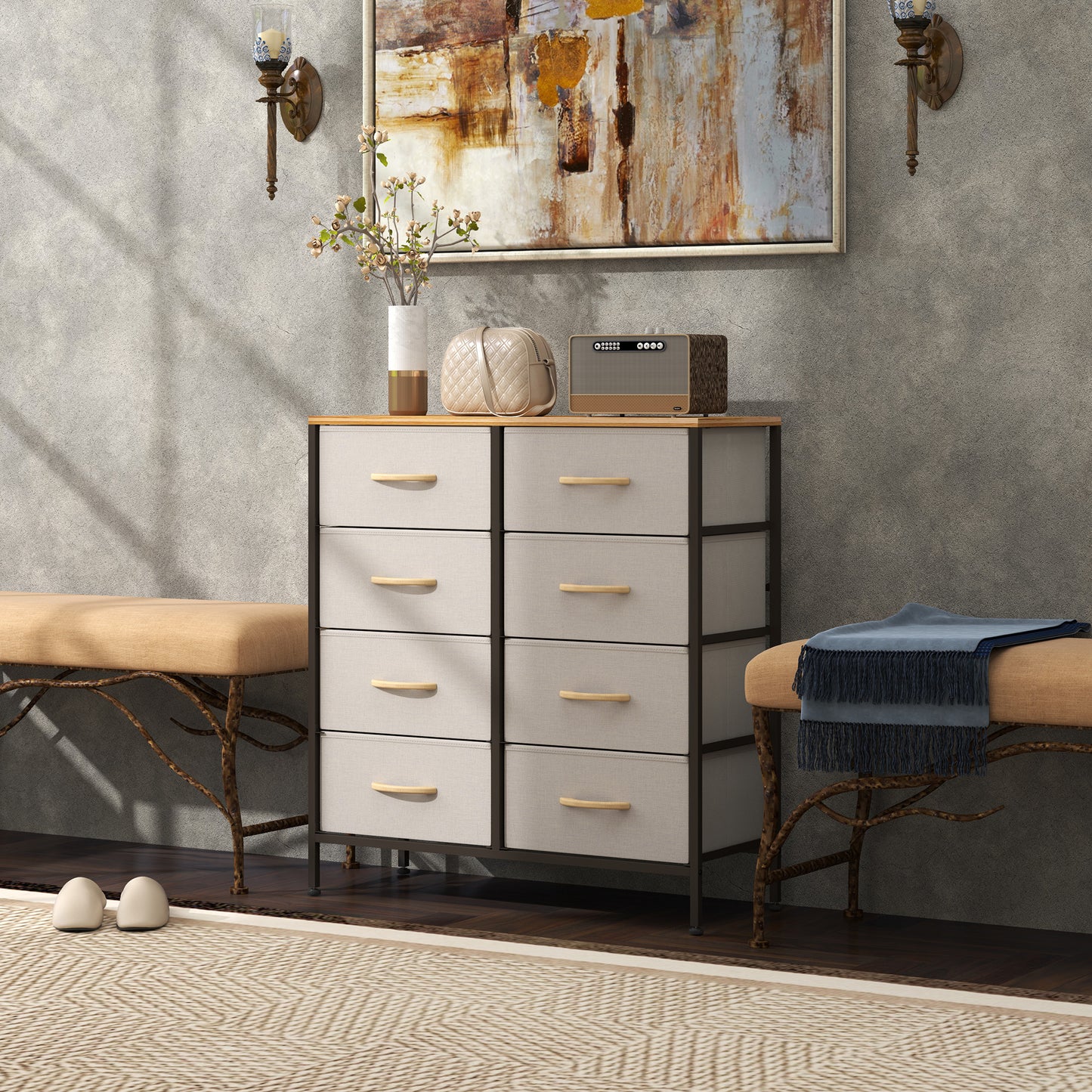 Neyo Metal And Fabric Cream White 8 Drawer Industrial Storage Dresser With Steel Frame