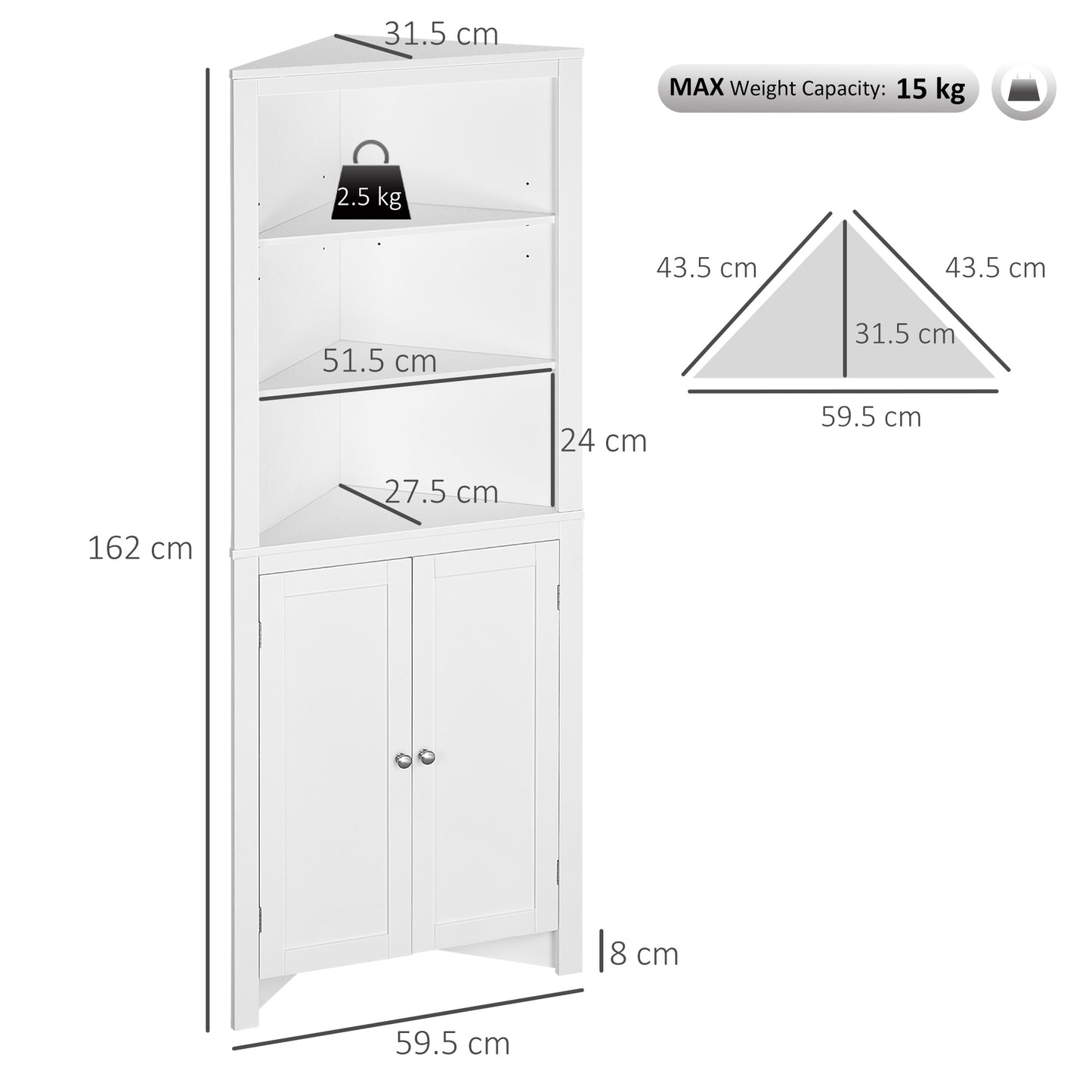 Dole Corner Bathroom Storage Cabinet With Cupboard And 3 Tier Shelves White
