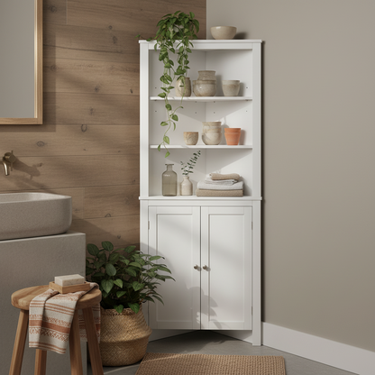 Dotre Corner Bathroom Storage Cabinet With Cupboard And 3 Tier Shelves White