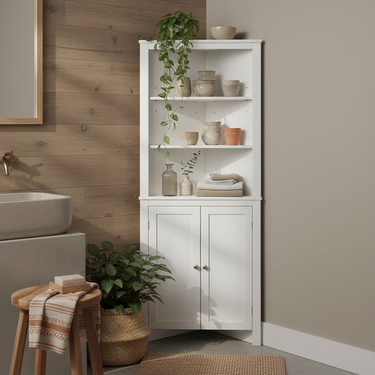 Dotre Corner Bathroom Storage Cabinet With Cupboard And 3 Tier Shelves White