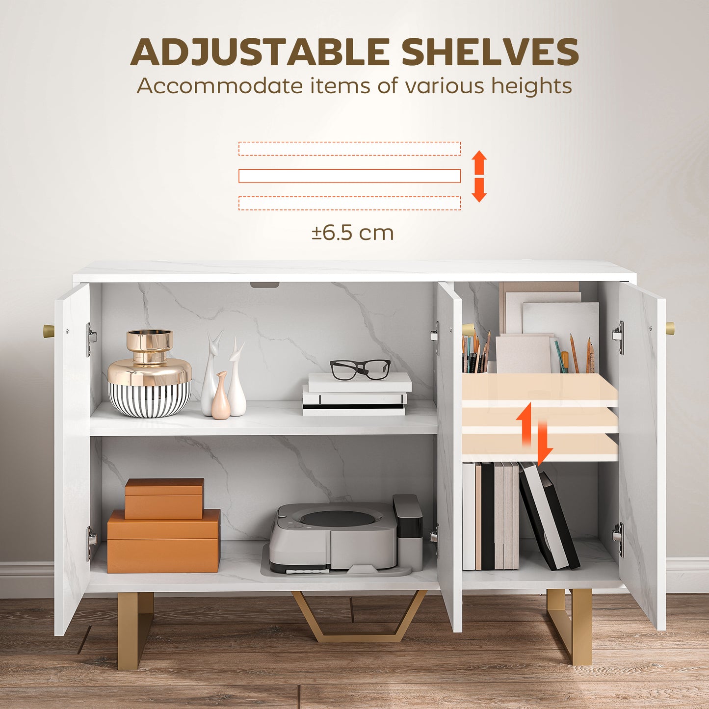 Vekeba Coso 107cm White and Gold Marble Sideboard 3 Doors 2 Shelves