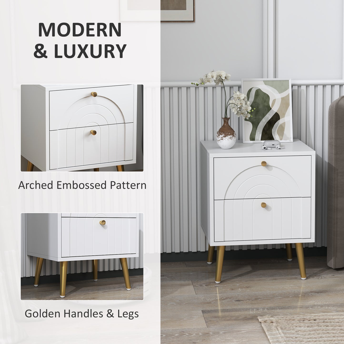 Leri Kama Set Of 2 White Bedside Tables 2 Drawers Golden Handles