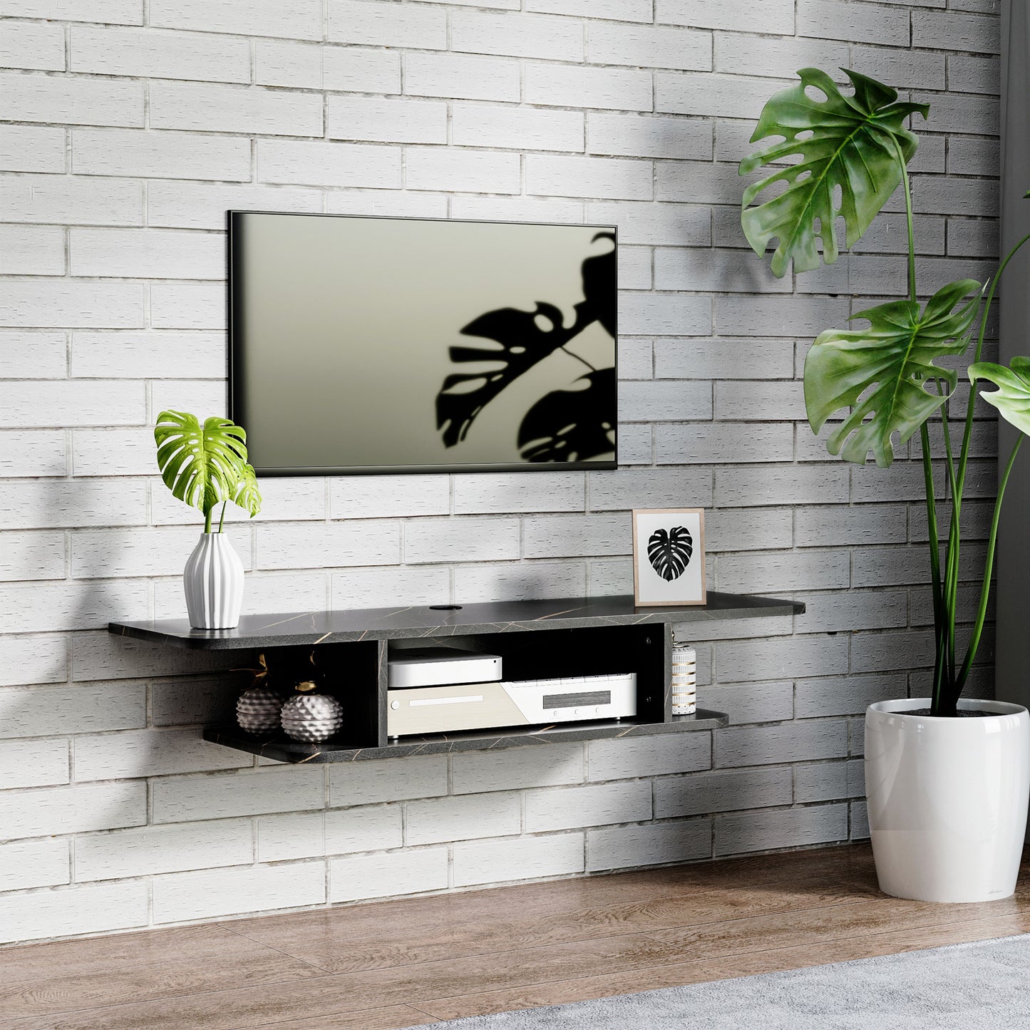 Dibasa Mizi Wooden Black Floating TV Unit With OFauxn Shelves For Screens Up To 40 Inches