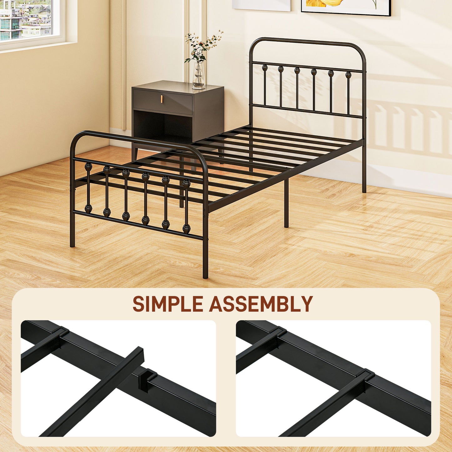 Noelma 3FT Minimalist Black Metal Single Metal Bed Frame