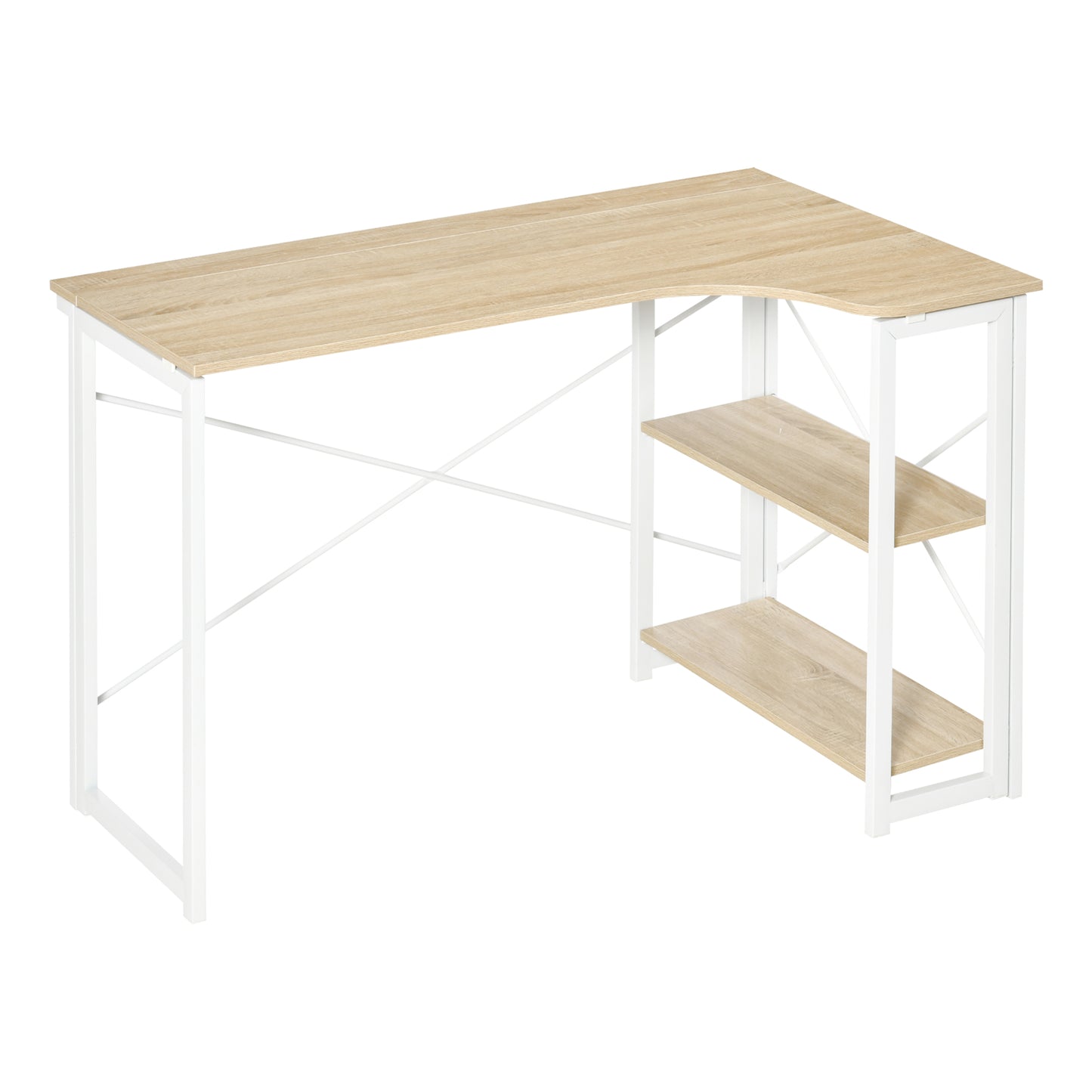 Haba 120cm Wooden Oak and White Metal Folding L Shaped Desk With 2 Tier Storage Shelves