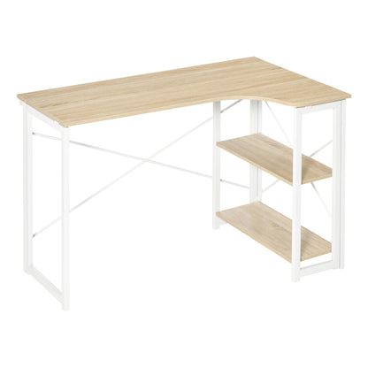 Haba 120cm Wooden Oak and White Metal Folding L Shaped Desk With 2 Tier Storage Shelves