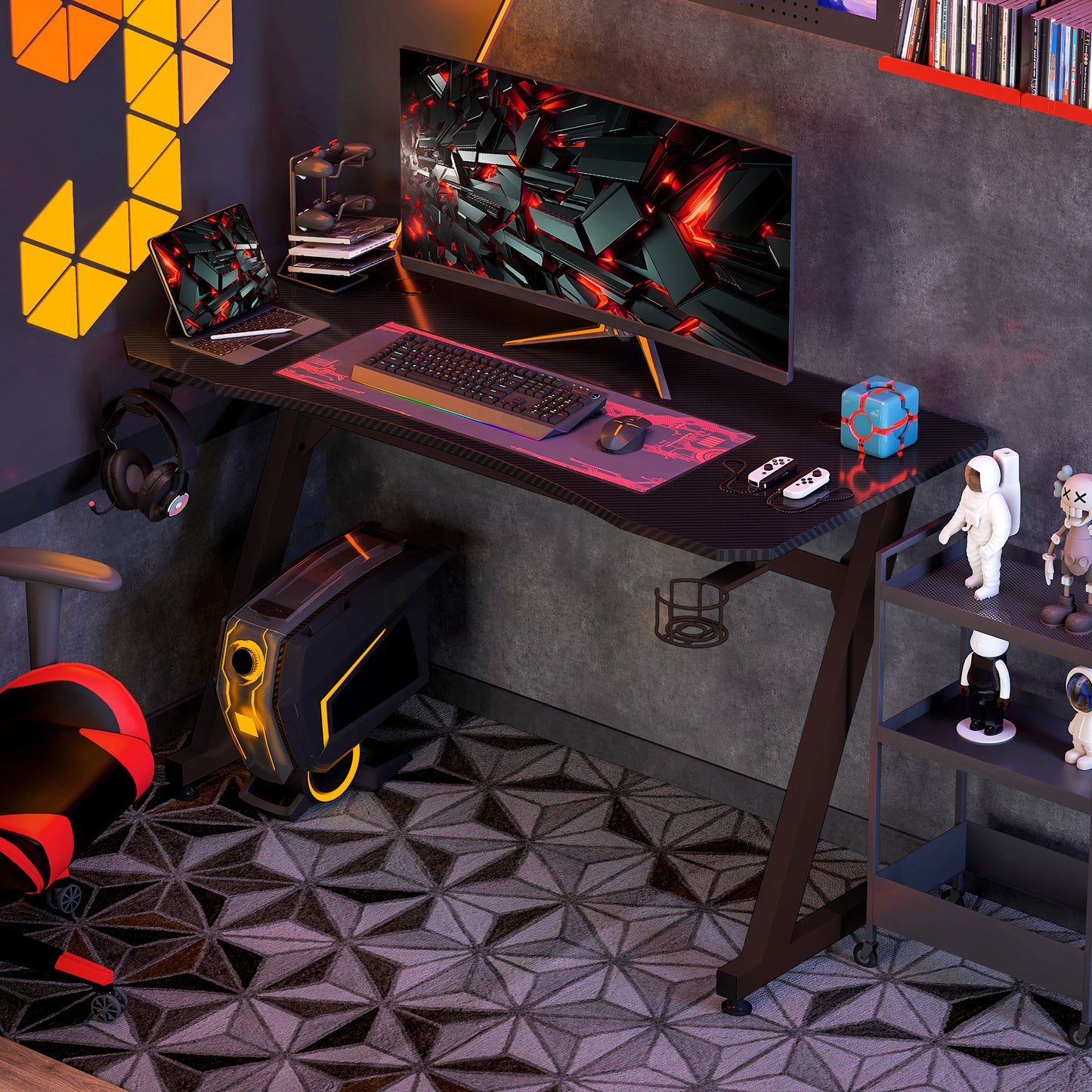 Hanaba 120cm Steel Frame Black Gaming Desk With Cup Holder Headphone Hook And Cable Management