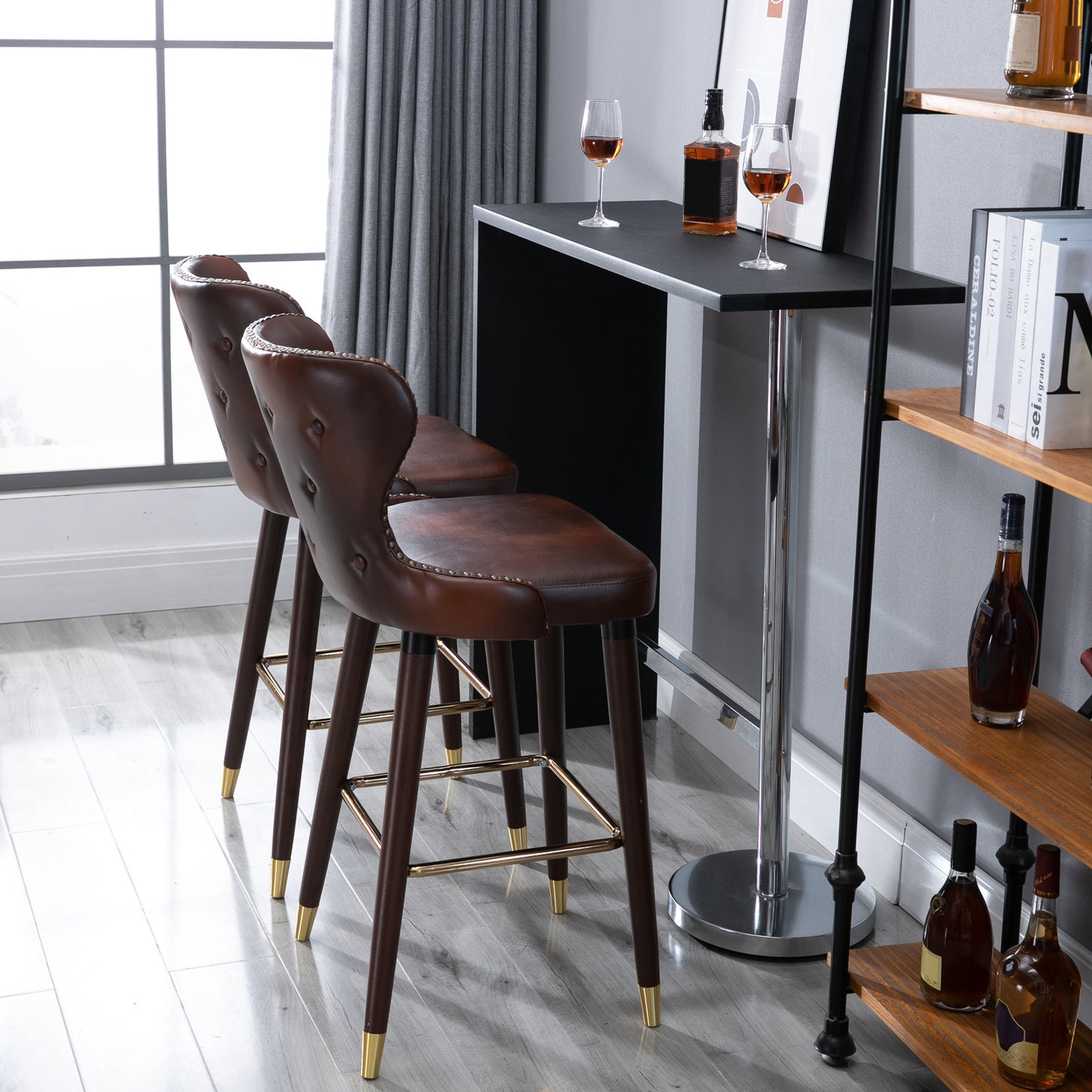 Halotti Faux Leather Brown Bar Stools Set Of 2 With Back Support And Wooden Legs