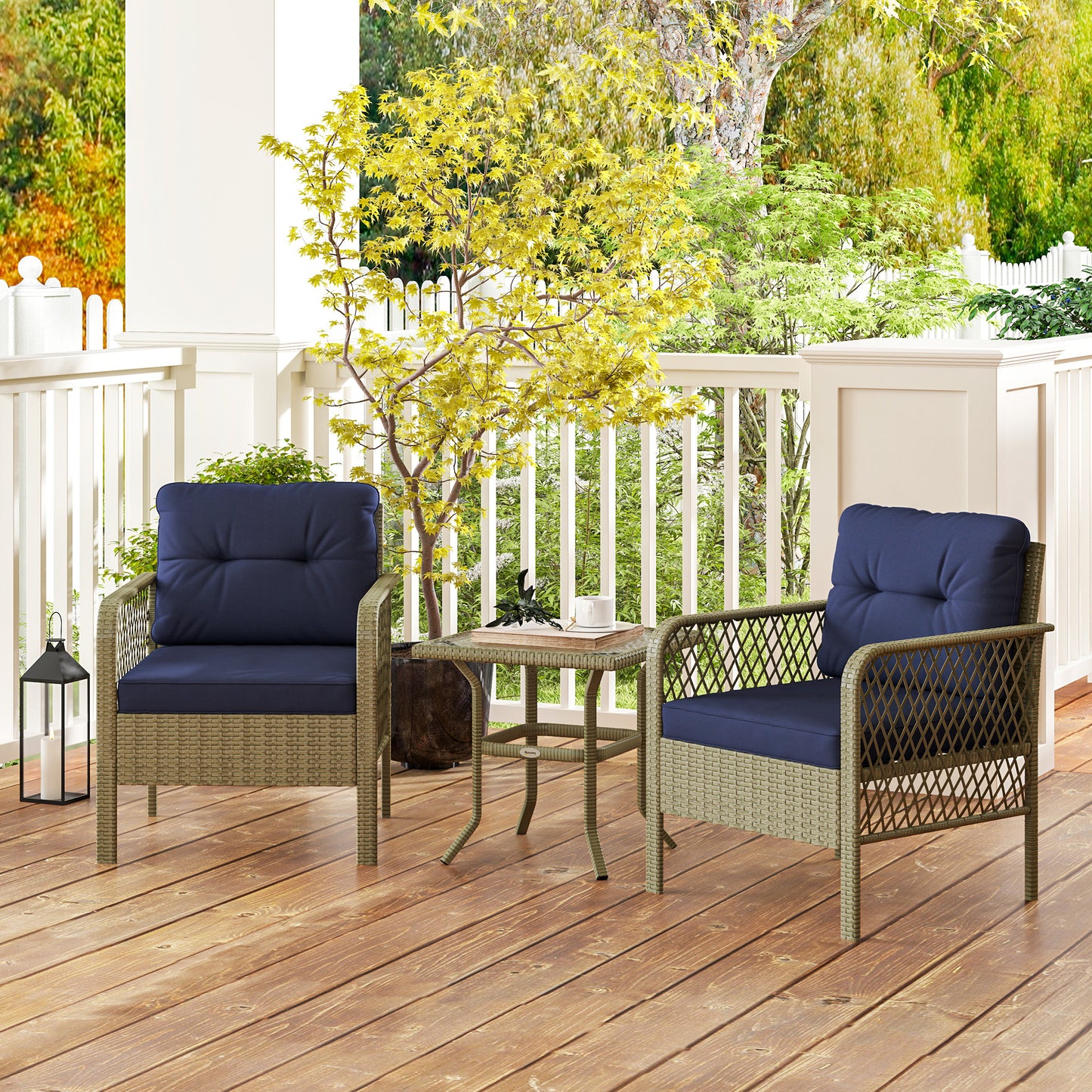 Doli Grey Rattan and Blue Fabric 3 Piece Bistro Set with Glass Coffee Table
