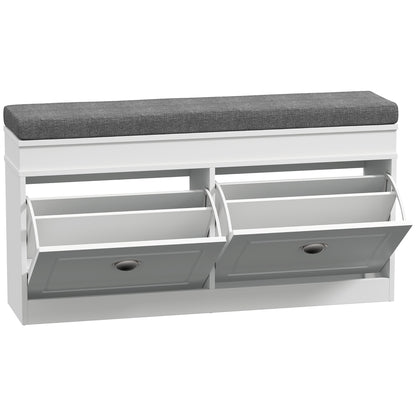 Nedola Wooden White Shoe Storage Bench With Cushioned Seat 2 Flip Drawers