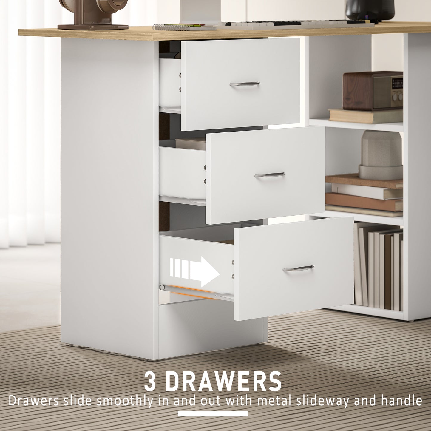 Vasave 120cm Wooden Natural And White Study Desk With 3 Side Shelves And 3 Drawers