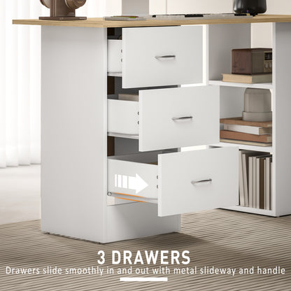 Vasave 120cm Wooden Natural And White Study Desk With 3 Side Shelves And 3 Drawers