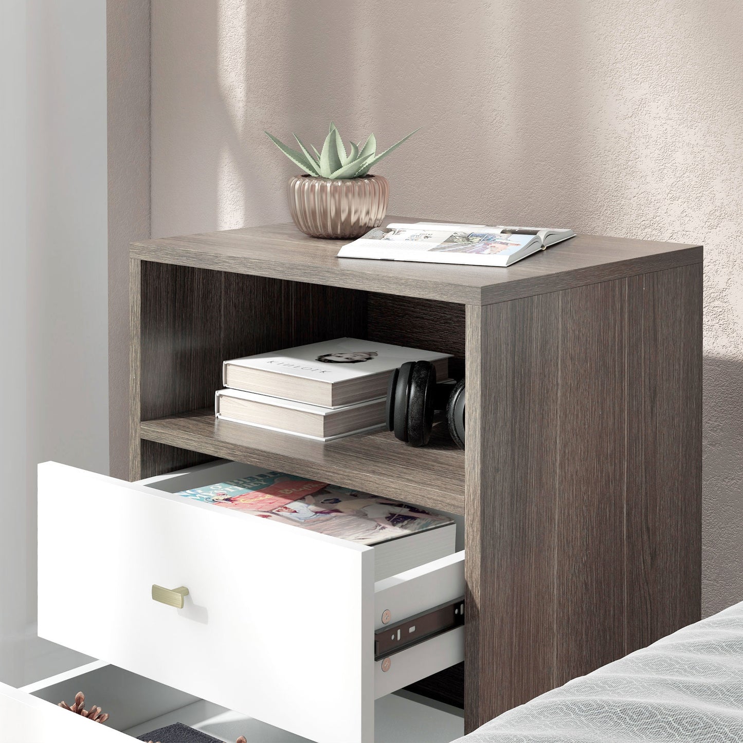 Cosana Grey and White Scandinavian Bedside Table With Drawers And Open Shelf