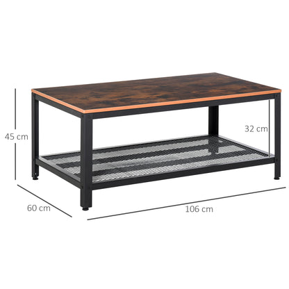 Mivefa Metal And Wood Rustic Brown Industrial Coffee Table With Bottom Mesh Shelf