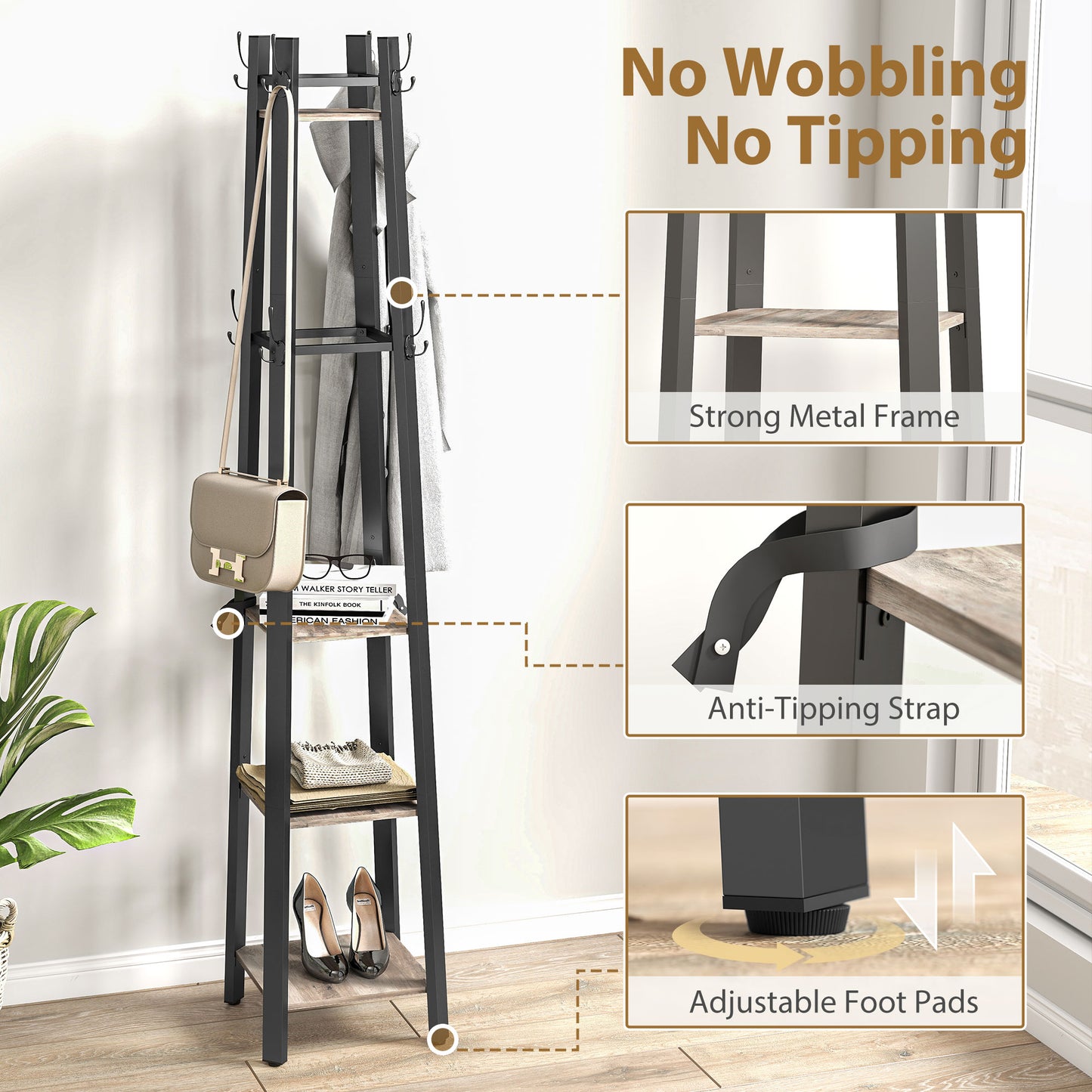 Savapa Metal And Wood Grey And Black 4 Tier Industrial Coat Stand With Shelves
