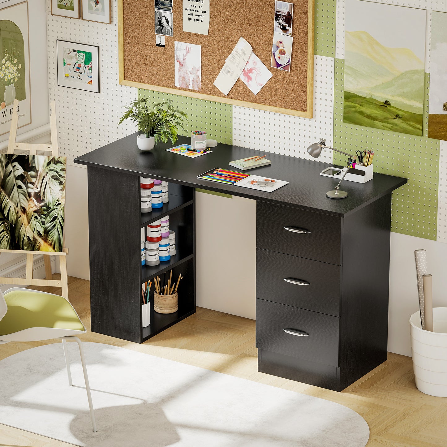Tonosa 120cm Wooden Black Study Desk With 3 Shelves And 3 Drawers