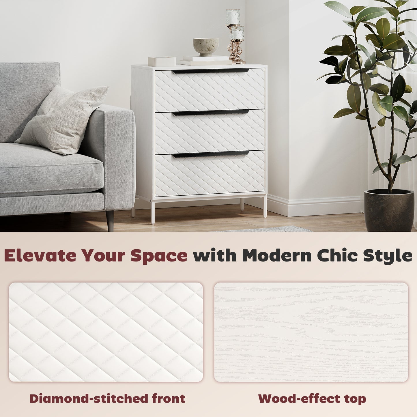 Kakara Metal White 3 Fabric Drawer Storage Dresser