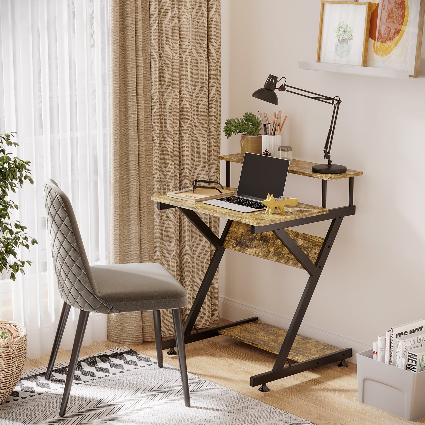 Lulose 70cm Small Black Metal And Wooden Rustic Brown Compact Industrial Desk With Monitor Stand