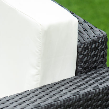 Elrolo Rattan Black 4 Seater Outdoor Sofa Set With White Cushions and Rectangular Coffee Table Glass Top