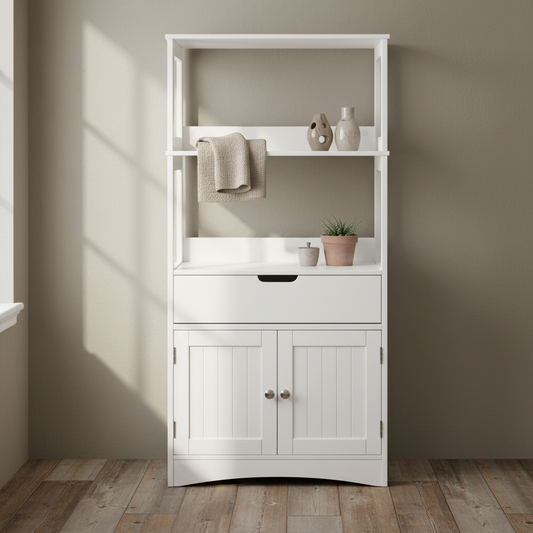 Disarike White Freestanding Storage Cabinet With Shelves Drawers And Double Doors For Bathroom Or Kitchen