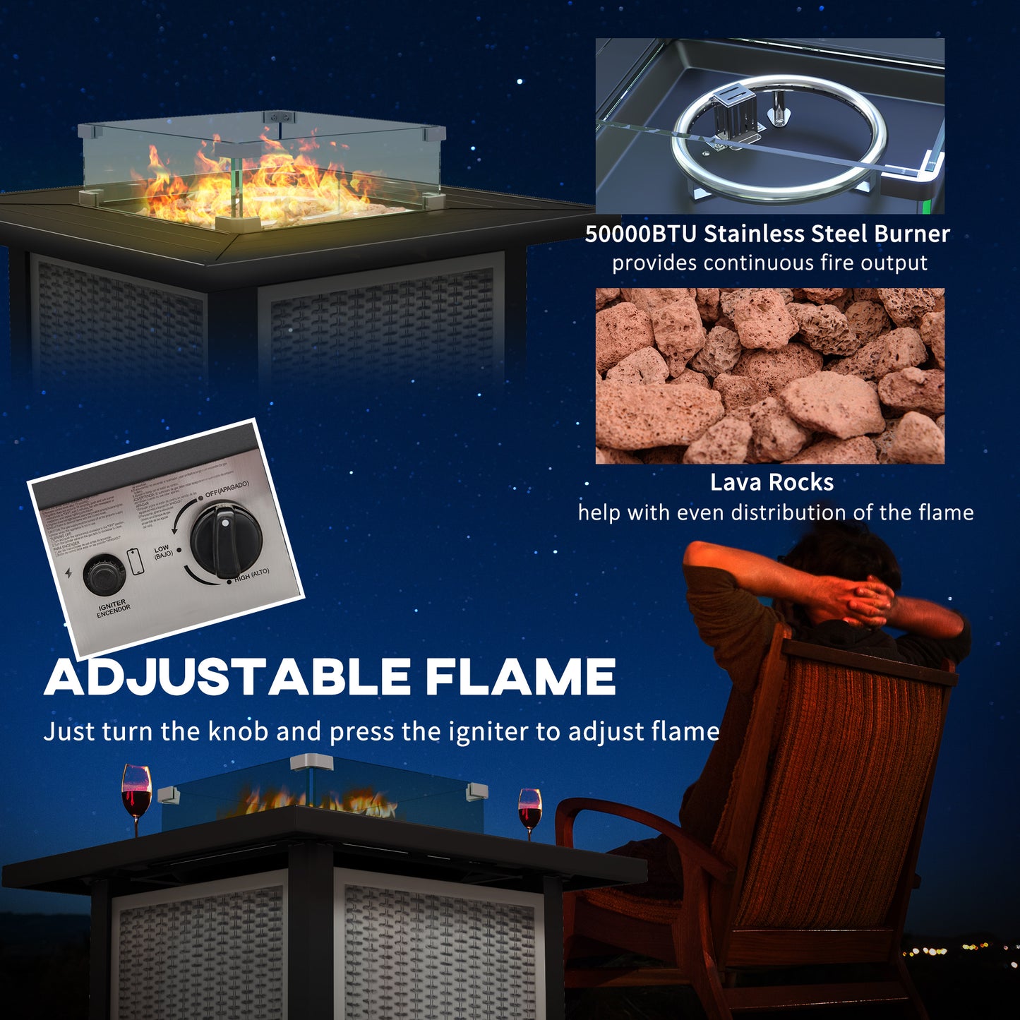 Misana Talu Steel Grey Rattan Square Outdoor Garden Gas Fire Pit Table