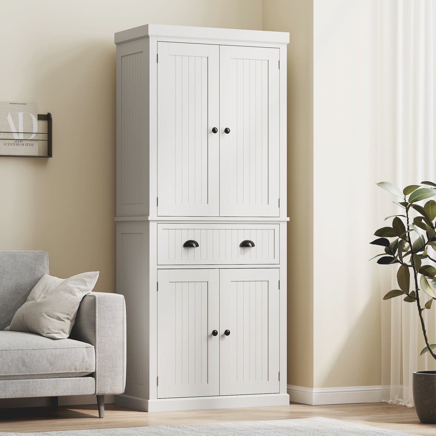 Ellu Soso Wooden White Kitchen Storage Cabinet With Drawer And Adjustable Shelves