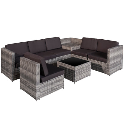 Nane Rattan Grey 6 Seater Outdoor Sofa Set with Coffee Table Glass Top Black Cushions