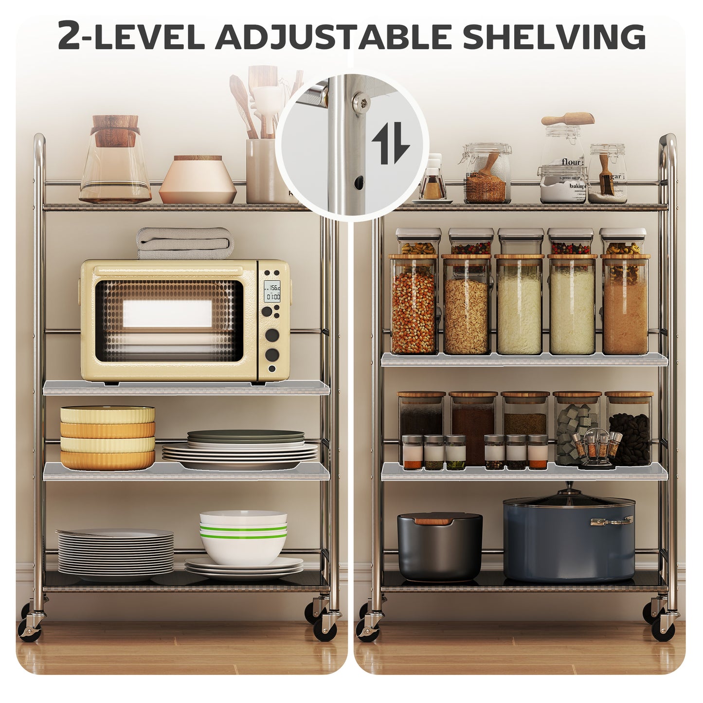 Lalu Stainless Steel Silver 4 Tier Kitchen Trolley With Adjustable Shelves