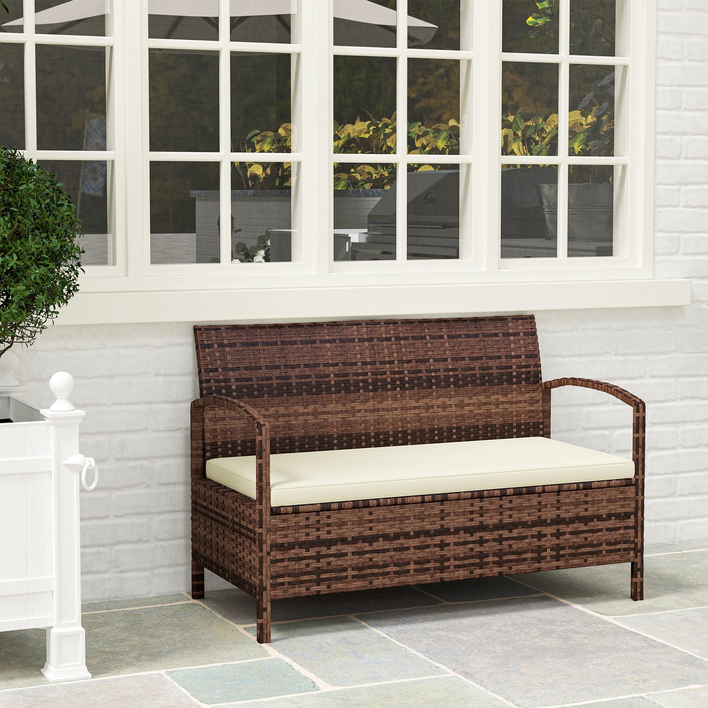 Rarette Rattan Brown Garden Storage Bench With Cushion 125L Capacity