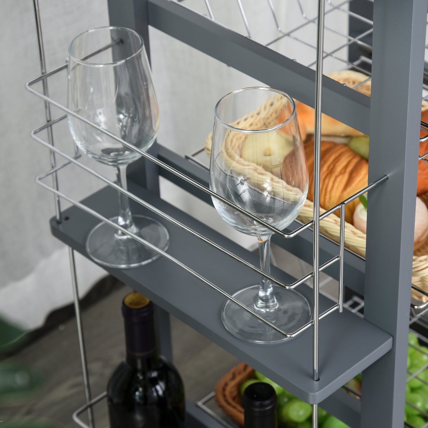 Nerake Metal Grey Rolling Kitchen Cart With 4 Basket Drawers And Side Racks