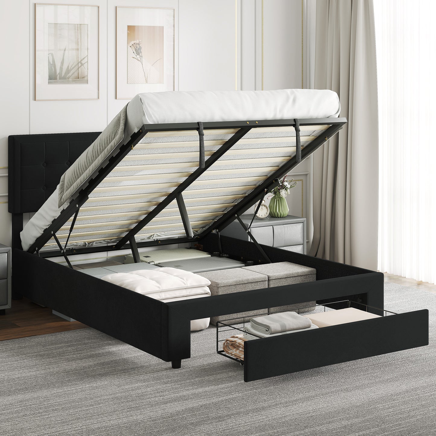 Mora 4FT6 Double Ottoman Bed Frame with Front Divan Drawer Storage Black
