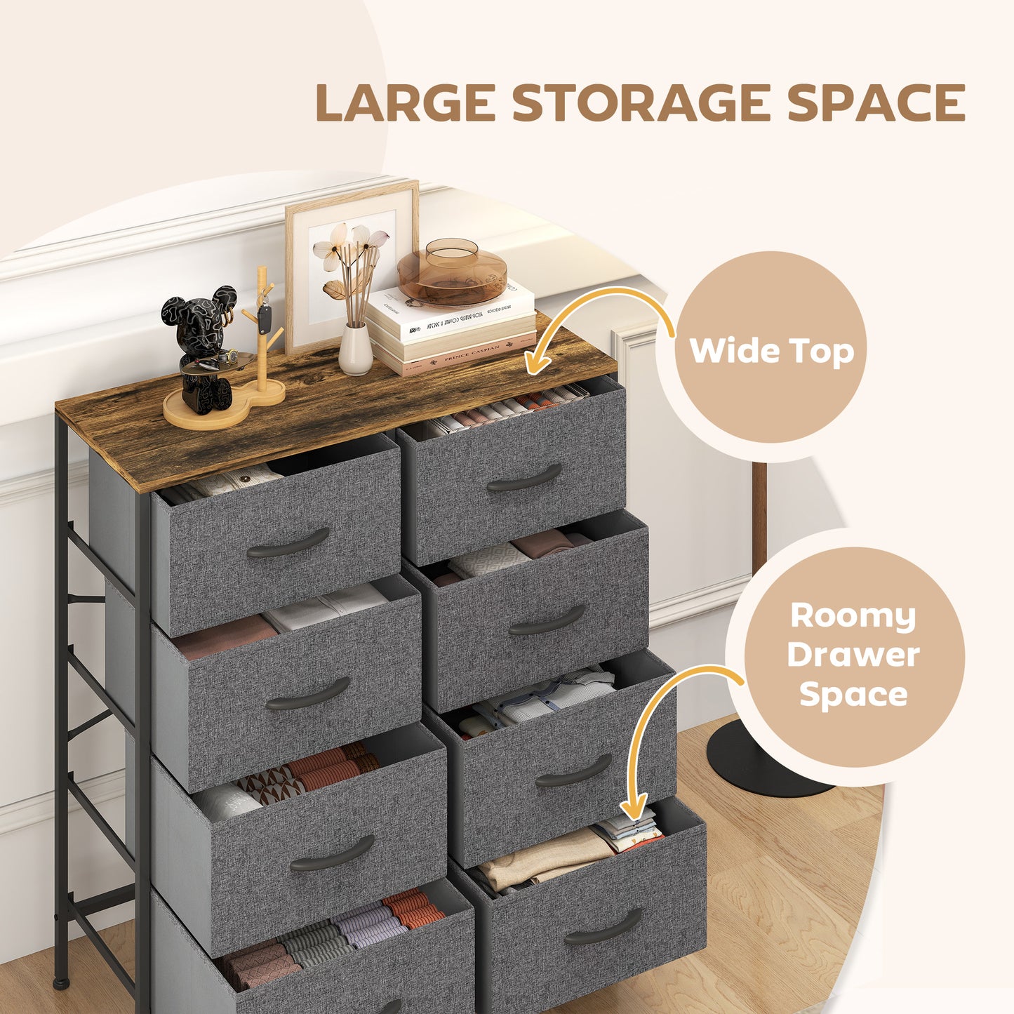 Rene Metal And Fabric Rustic Brown And Grey 8 Drawer Industrial Storage Dresser