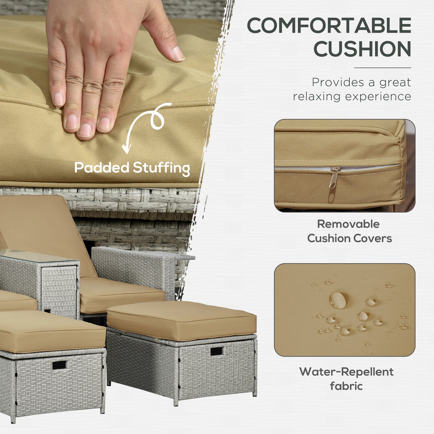 Luva Faux Rattan Grey and Beige 5 Piece Adjustable Sun Lounger Set With Storage Table And Footstools