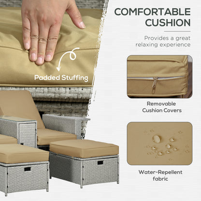 Luva Faux Rattan Grey and Beige 5 Piece Adjustable Sun Lounger Set With Storage Table And Footstools