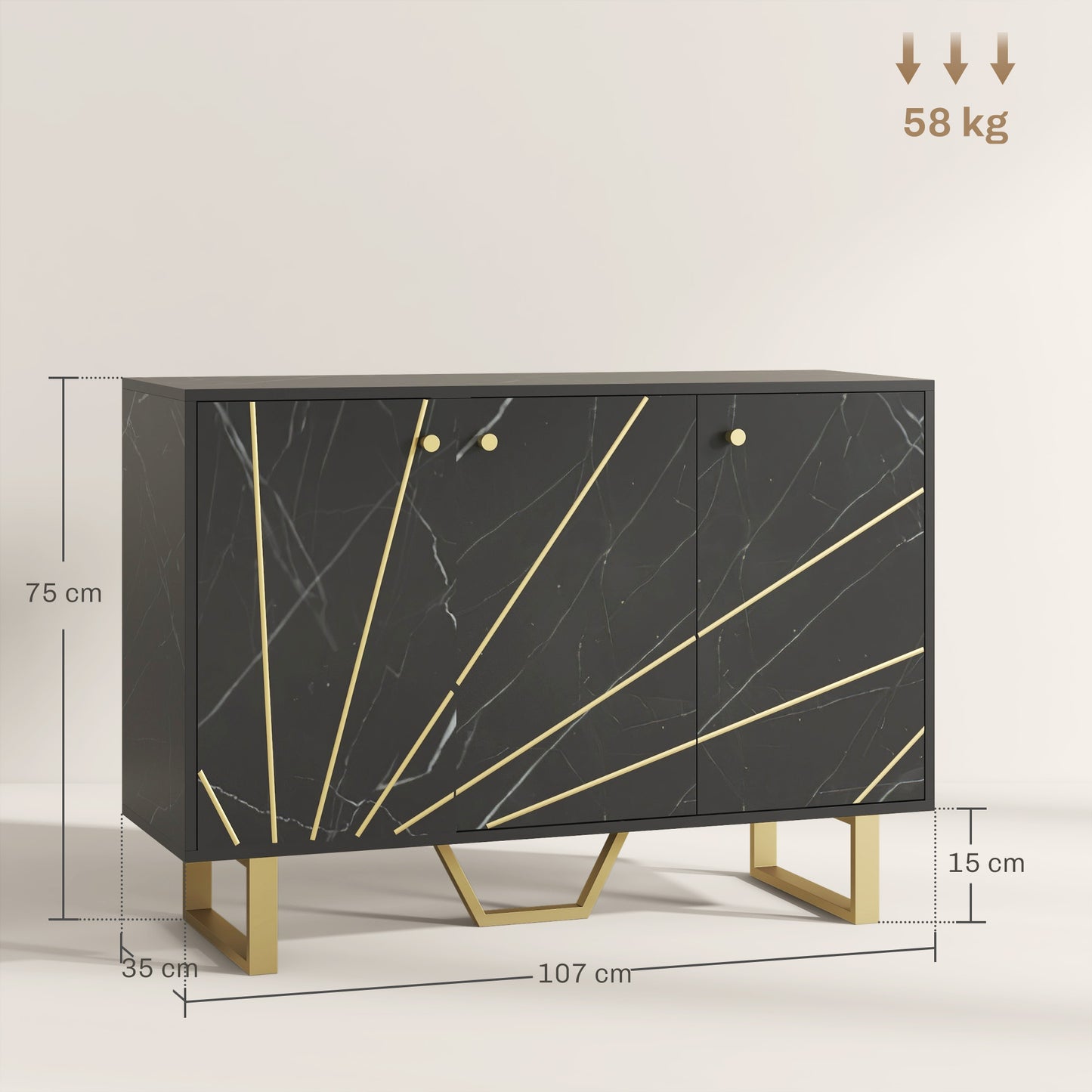 Suno Black Marble Effect Sideboard Golden Metal Legs 3 Doors