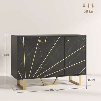 Suno Black Marble Effect Sideboard Golden Metal Legs 3 Doors