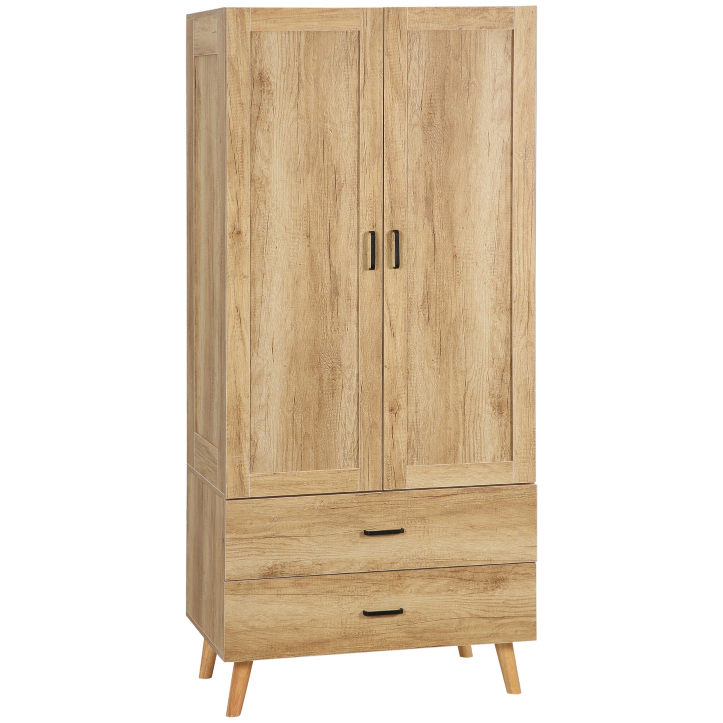 Corasoro Natural Wood Finish 2 Door Modern Wardrobe With 2 Drawers And Hanging Rail