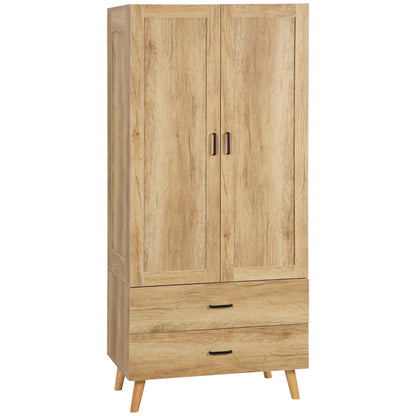 Corasoro Natural Wood Finish 2 Door Modern Wardrobe With 2 Drawers And Hanging Rail