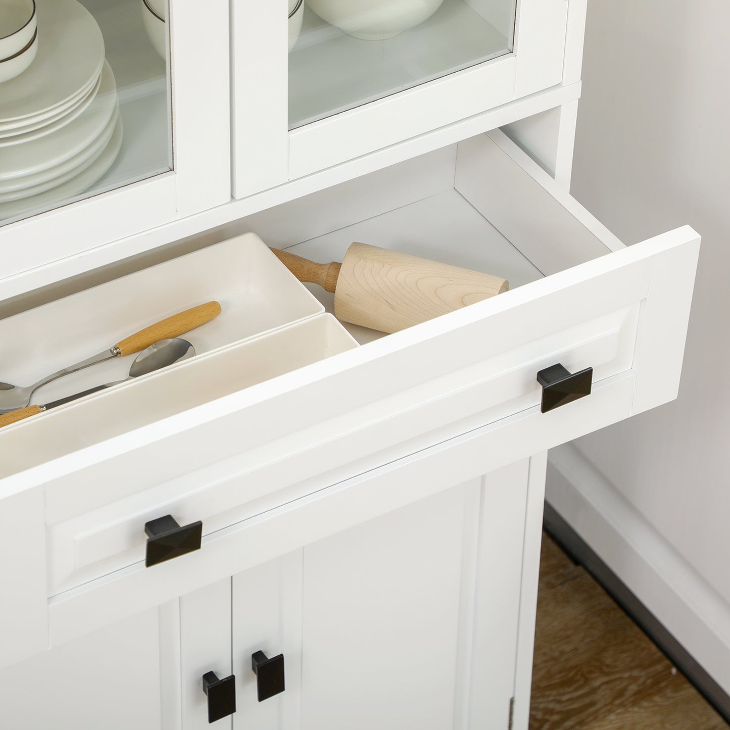 Cotase 160cm Wooden White Kitchen Cupboard With Adjustable Shelves Drawer And Glass Door