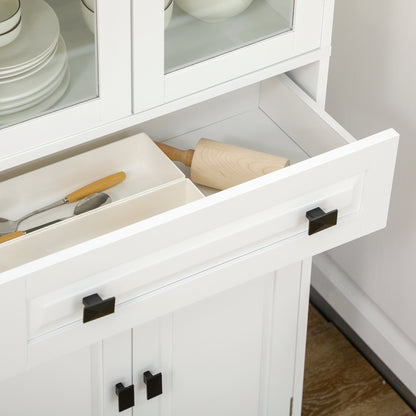 Cotase 160cm Wooden White Kitchen Cupboard With Adjustable Shelves Drawer And Glass Door
